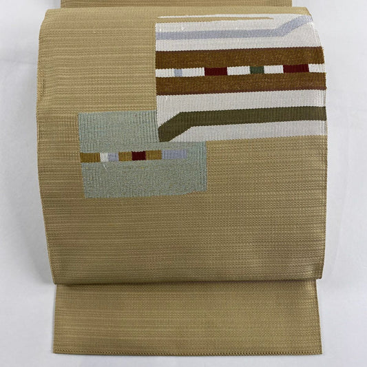【美品】名古屋帶 優品級 八寸名古屋帶 松樹葉仕立 幾何圖案 金線 淺茶 純蠶絲