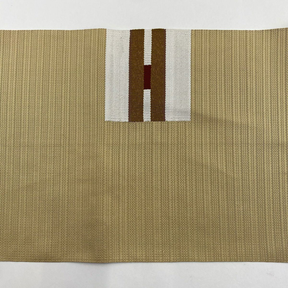 【美品】名古屋帶 優品級 八寸名古屋帶 松樹葉仕立 幾何圖案 金線 淺茶 純蠶絲