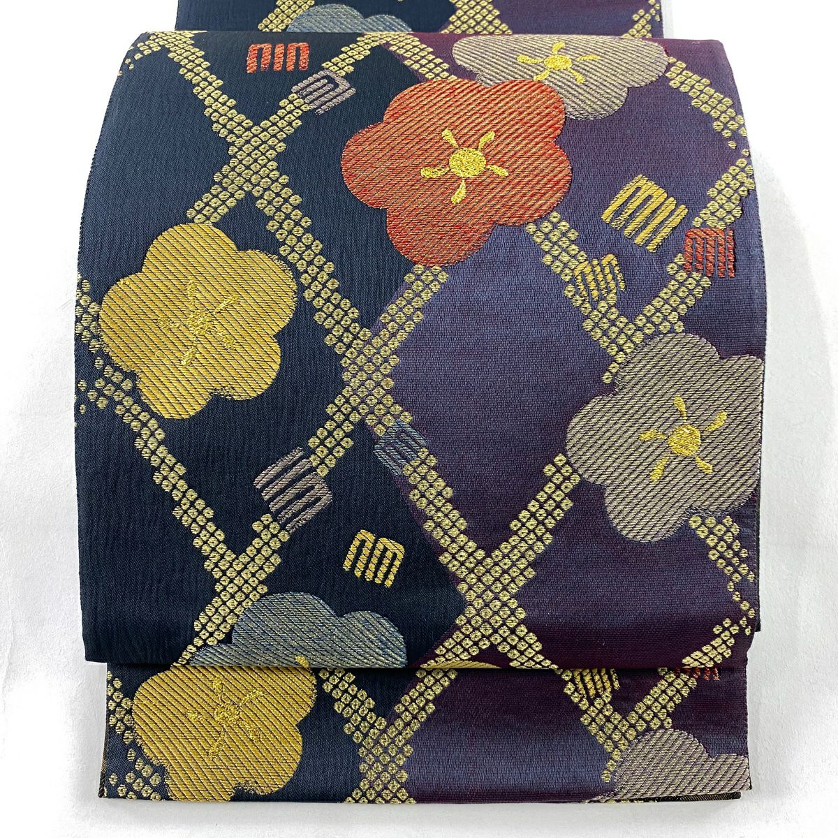 【美品】 袋帶 秀品級 梅花 源氏香 金絲 金金箔 紫 六通 純蠶絲
