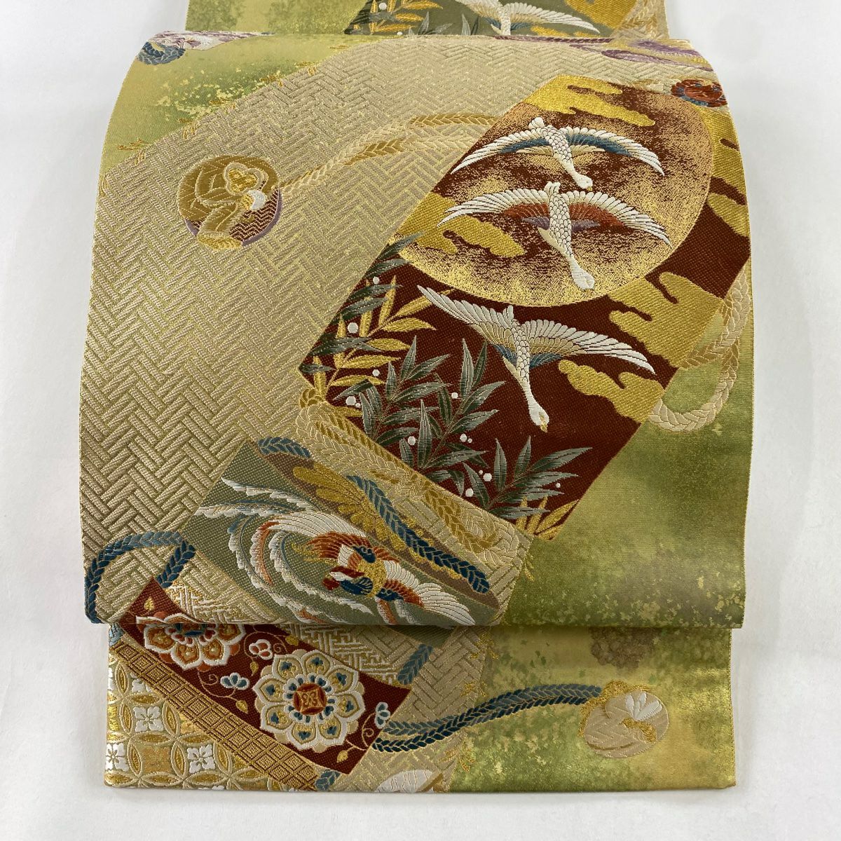 【美品】 袋帶 秀品級 鳥 霞 金糸 金金箔 艾草綠 六通 純蠶絲