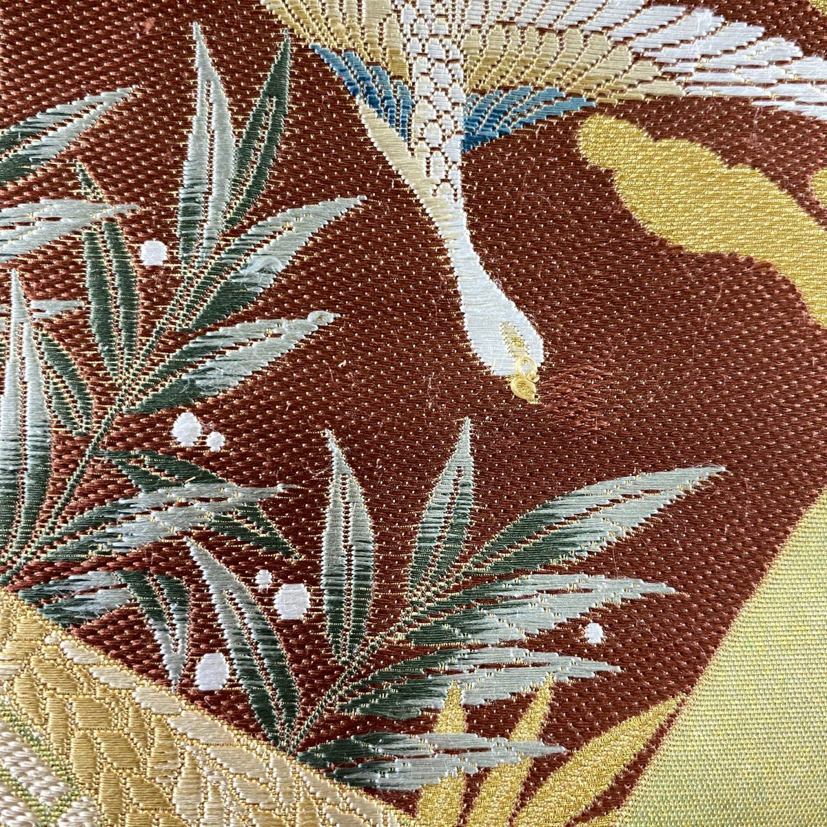 【美品】 袋帶 秀品級 鳥 霞 金糸 金金箔 艾草綠 六通 純蠶絲