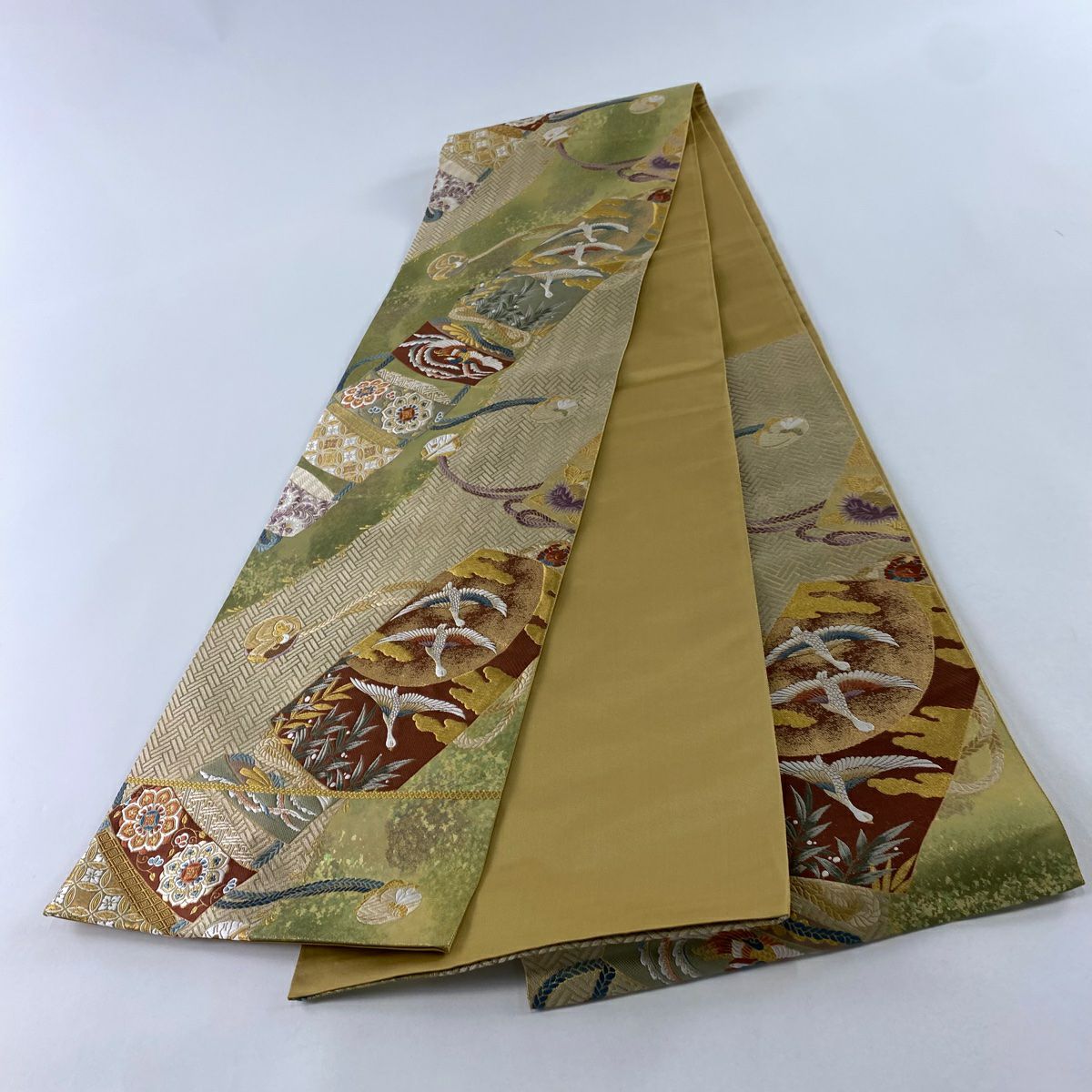 【美品】 袋帶 秀品級 鳥 霞 金糸 金金箔 艾草綠 六通 純蠶絲
