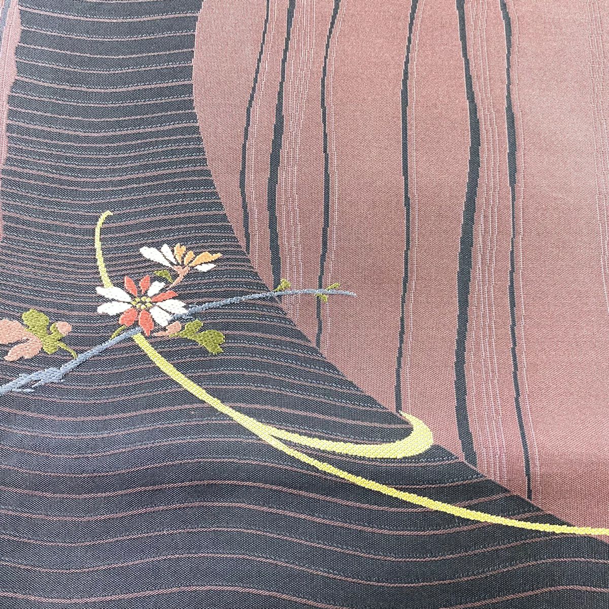 袋帶 秀品級 枝花 よろけ縞 灰紫 六通 純蠶絲