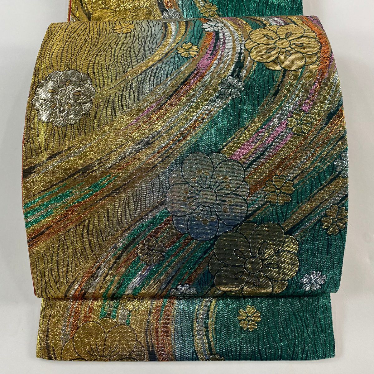 【美品】 袋帶 秀品級 梅花 流水 金金箔 綠 六通 純蠶絲
