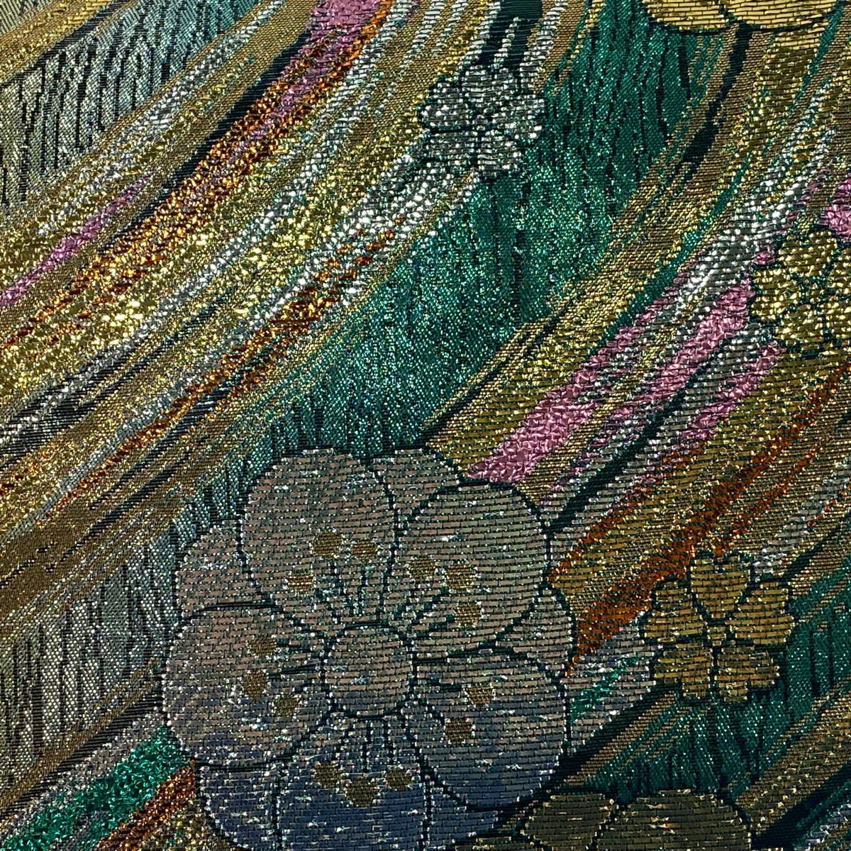 【美品】 袋帶 秀品級 梅花 流水 金金箔 綠 六通 純蠶絲