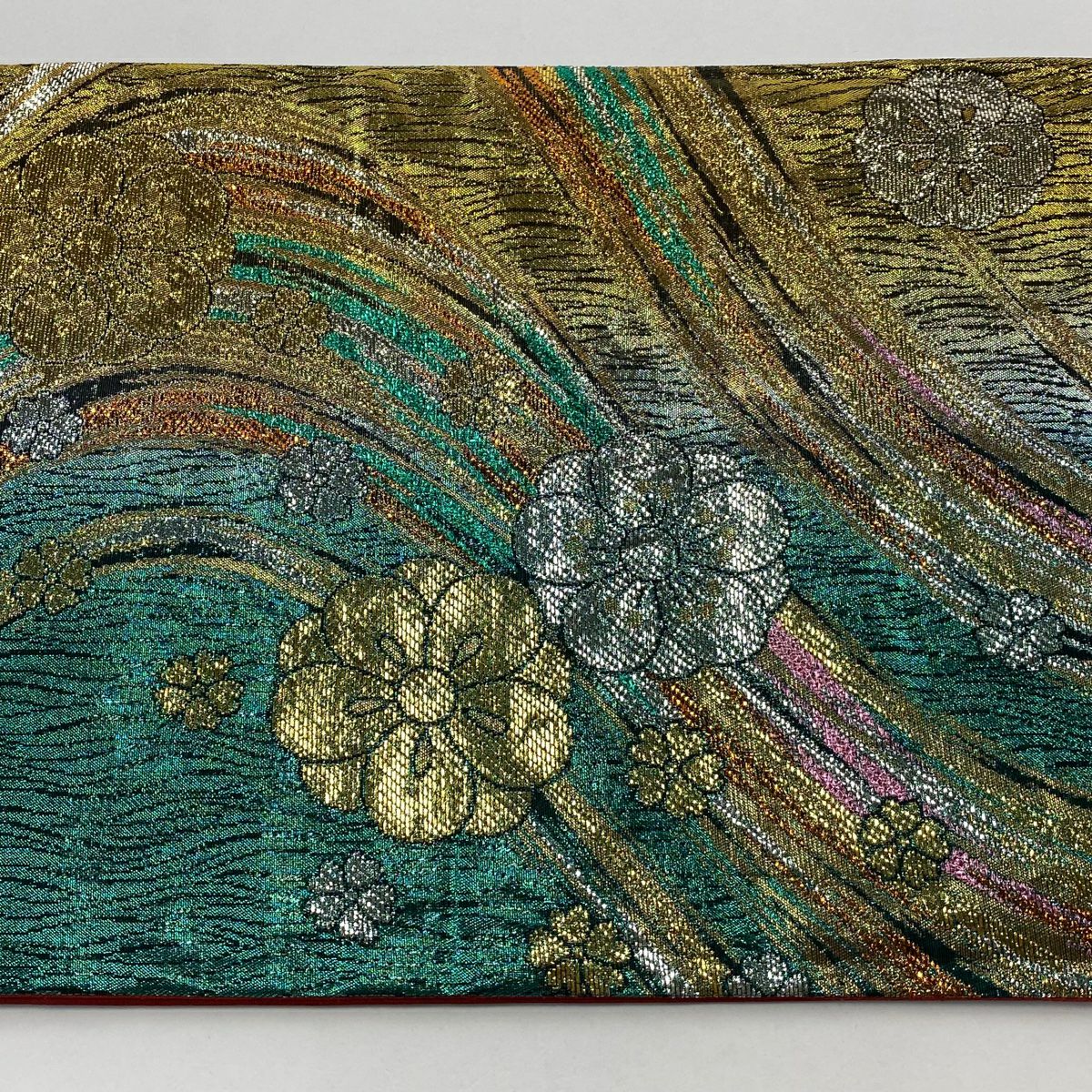 【美品】 袋帶 秀品級 梅花 流水 金金箔 綠 六通 純蠶絲