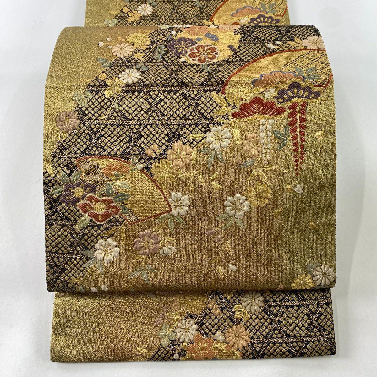 【美品】 袋帶 秀品級 扇子面 笠松樹 金絲 金金箔 金 六通 純蠶絲