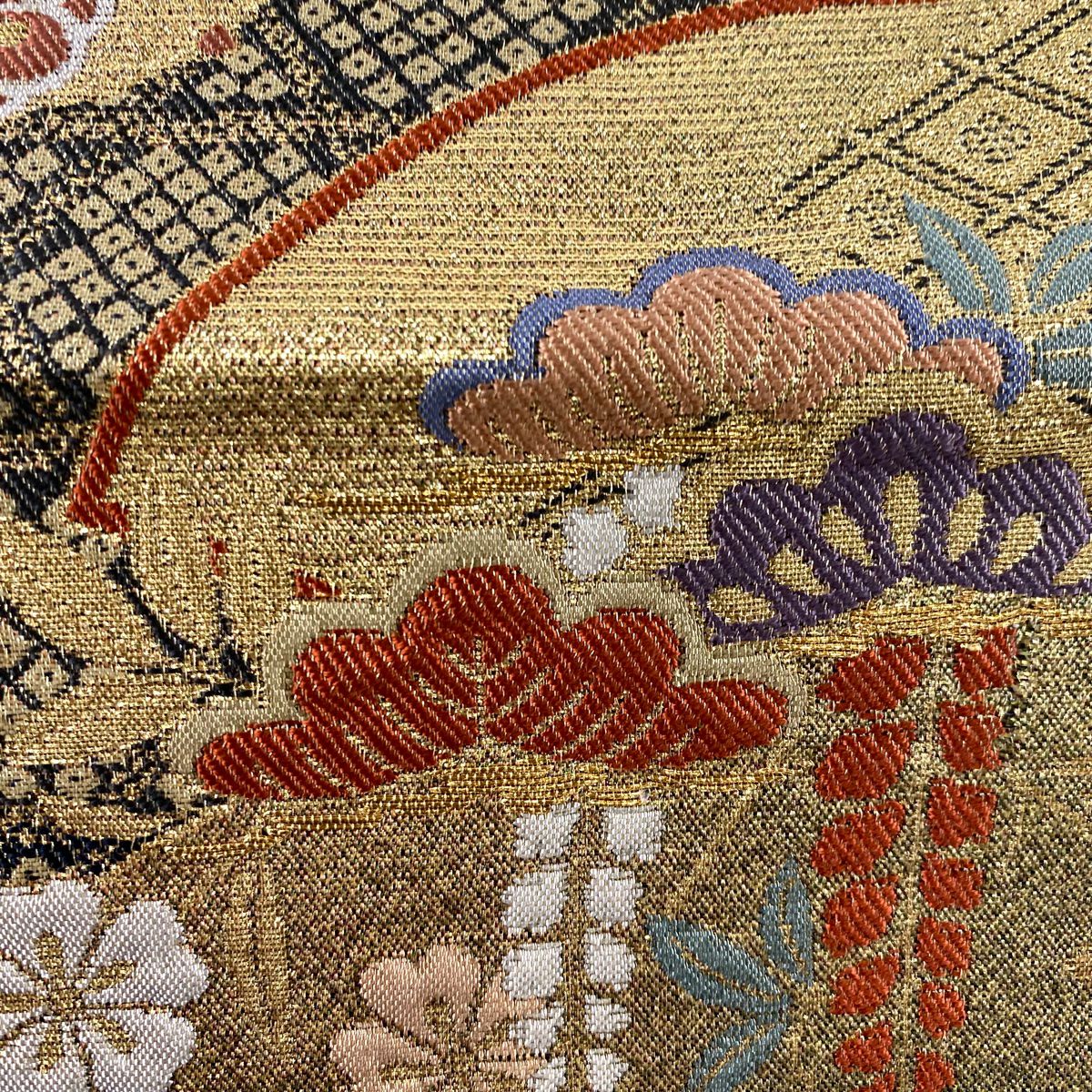 【美品】 袋帶 秀品級 扇子面 笠松樹 金絲 金金箔 金 六通 純蠶絲