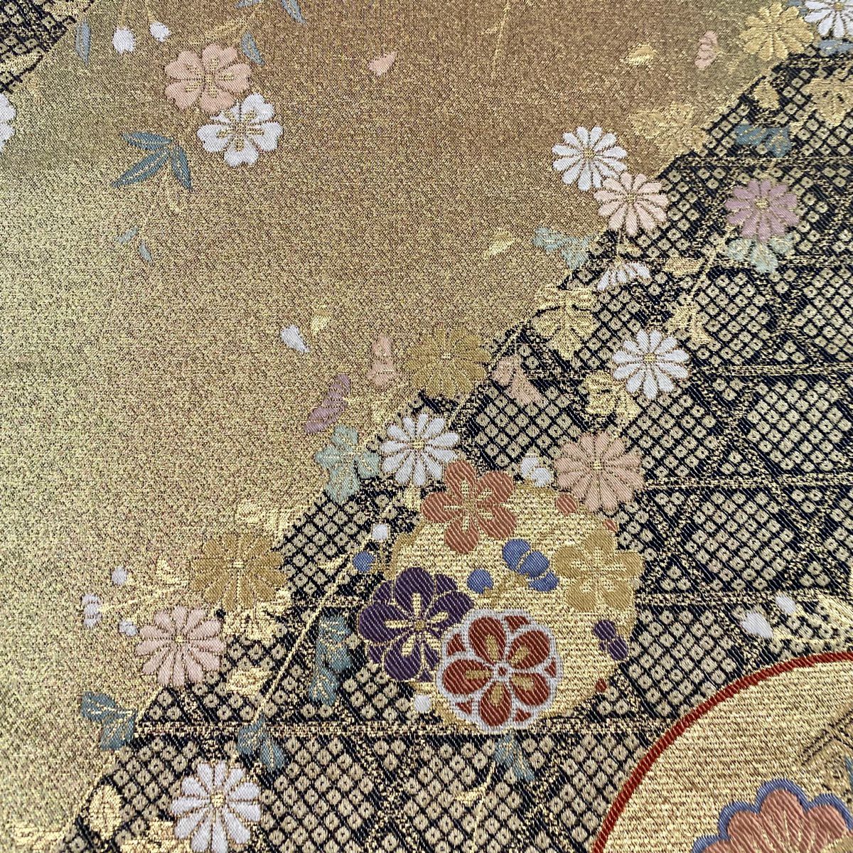 【美品】 袋帶 秀品級 扇子面 笠松樹 金絲 金金箔 金 六通 純蠶絲