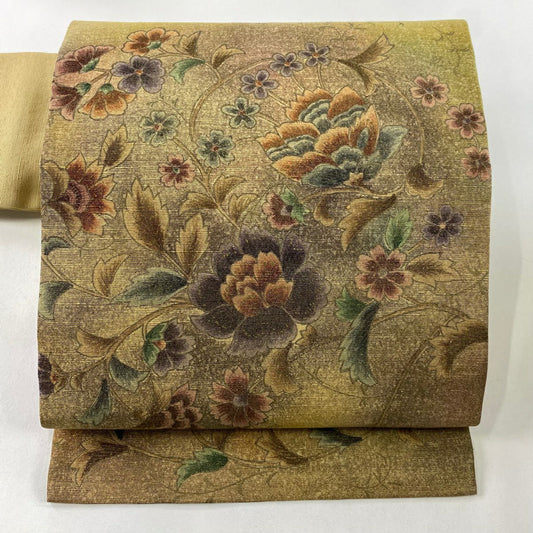 【美品】名古屋帶 秀品級 花唐草紋 草花紋 金彩裝飾 茶 純蠶絲