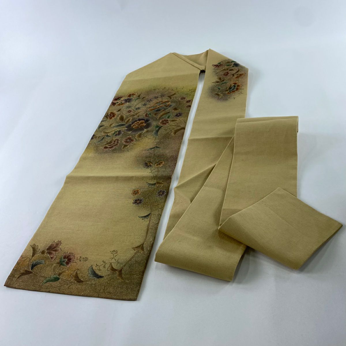 【美品】名古屋帶 秀品級 花唐草紋 草花紋 金彩裝飾 茶 純蠶絲