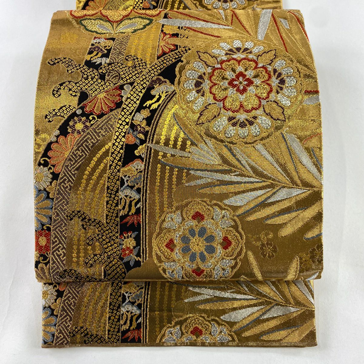 【美品】 袋帶 秀品級 華紋 波頭 金金箔 金銀彩 金色 六通 純蠶絲