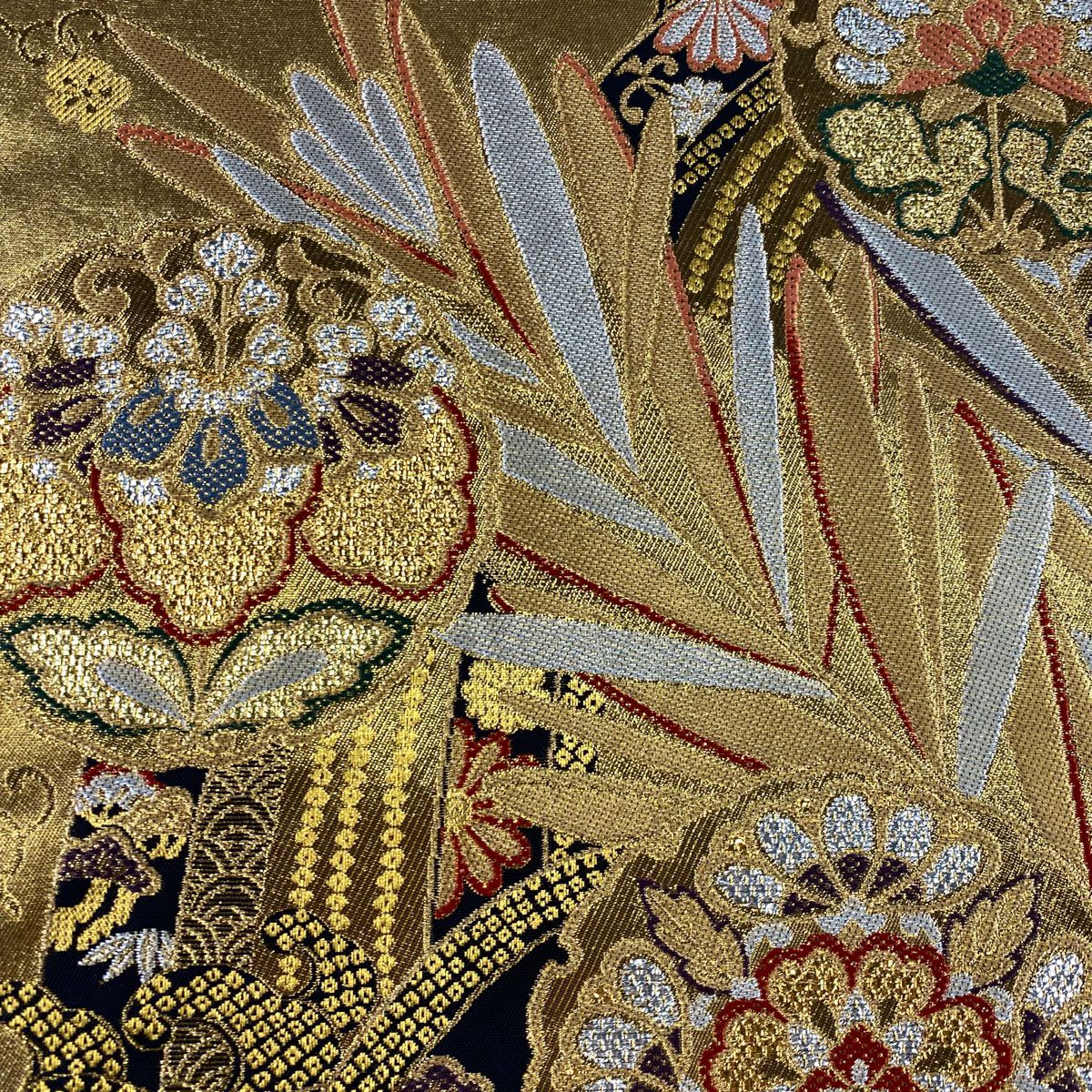 【美品】 袋帶 秀品級 華紋 波頭 金金箔 金銀彩 金色 六通 純蠶絲