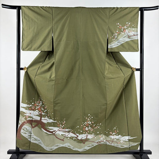 【美品】 付下 身長160cm 袖長62cm S 雙層 紬織織 枝花 霞 茶綠 純蠶絲 秀品級