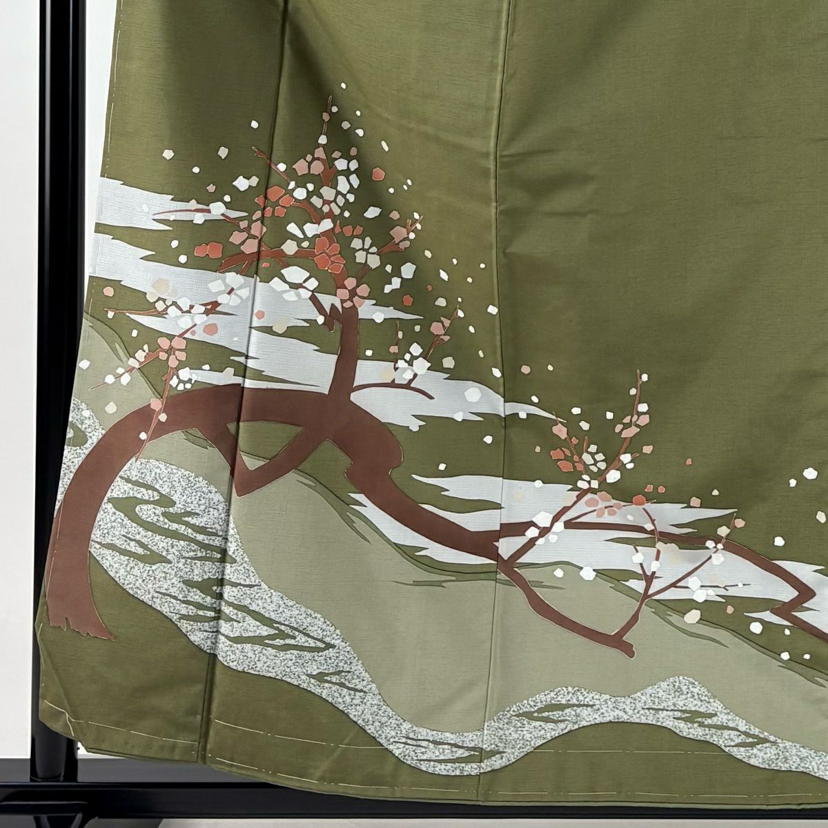 【美品】 付下 身長160cm 袖長62cm S 雙層 紬織織 枝花 霞 茶綠 純蠶絲 秀品級