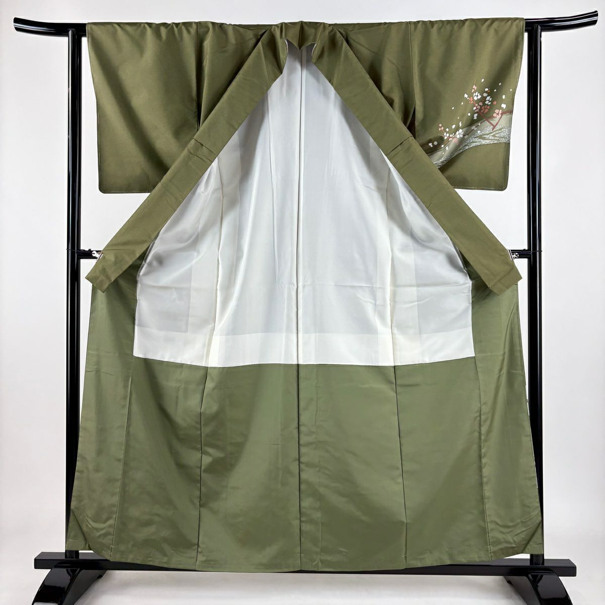【美品】 付下 身長160cm 袖長62cm S 雙層 紬織織 枝花 霞 茶綠 純蠶絲 秀品級