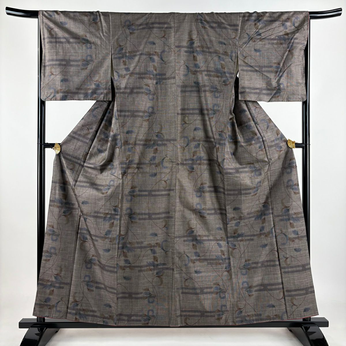 【美品】 紬織 身長159cm 袖長67cm M 雙層 葉柄 ヱ霞 焦茶 純蠶絲 秀品級