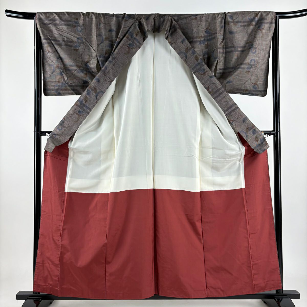 【美品】 紬織 身長159cm 袖長67cm M 雙層 葉柄 ヱ霞 焦茶 純蠶絲 秀品級