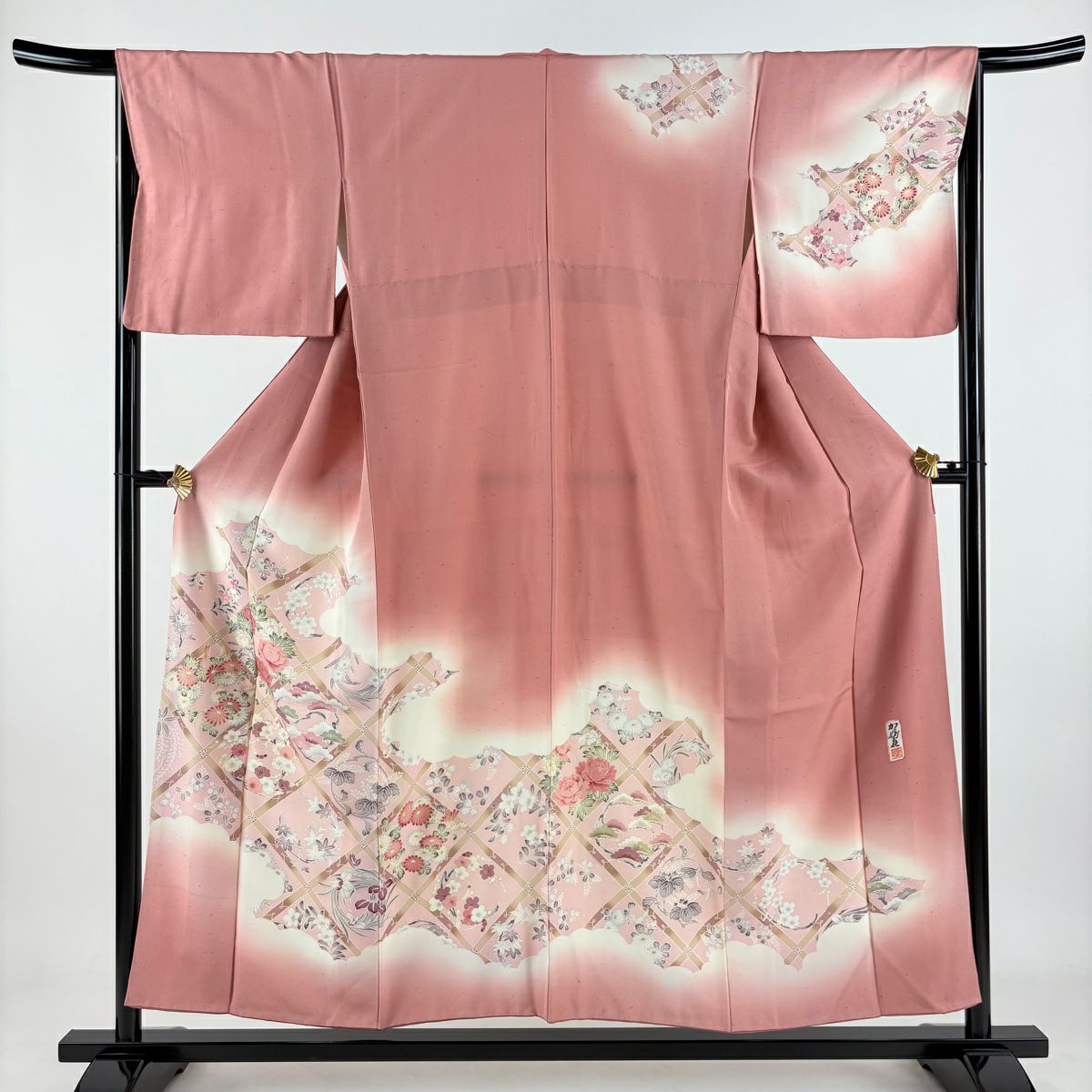 訪問服 身長153.5cm 袖長65.5cm M 雙層 紬織織 落款 花丸紋 斜格子 金銀彩 漸層 粉紅 純蠶絲 優品級
