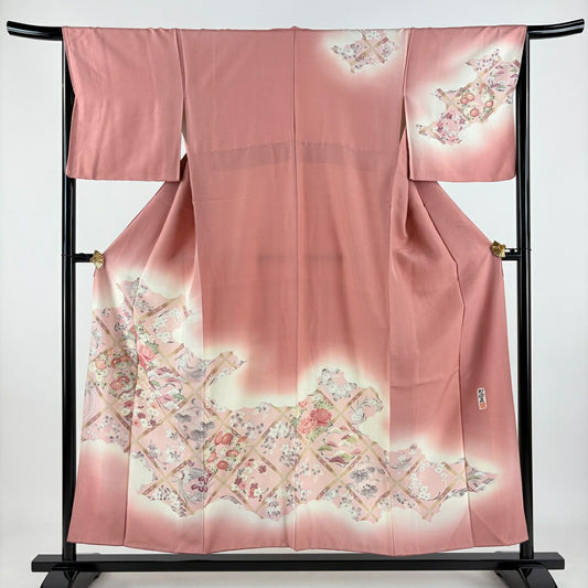 訪問服 身長153.5cm 袖長65.5cm M 雙層 紬織織 落款 花丸紋 斜格子 金銀彩 漸層 粉紅 純蠶絲 優品級