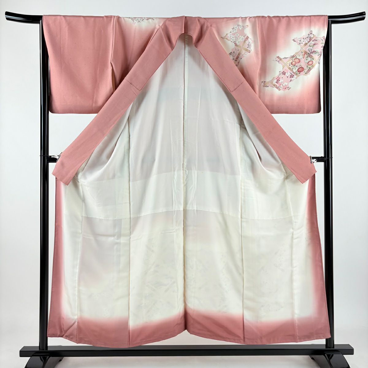 訪問服 身長153.5cm 袖長65.5cm M 雙層 紬織織 落款 花丸紋 斜格子 金銀彩 漸層 粉紅 純蠶絲 優品級