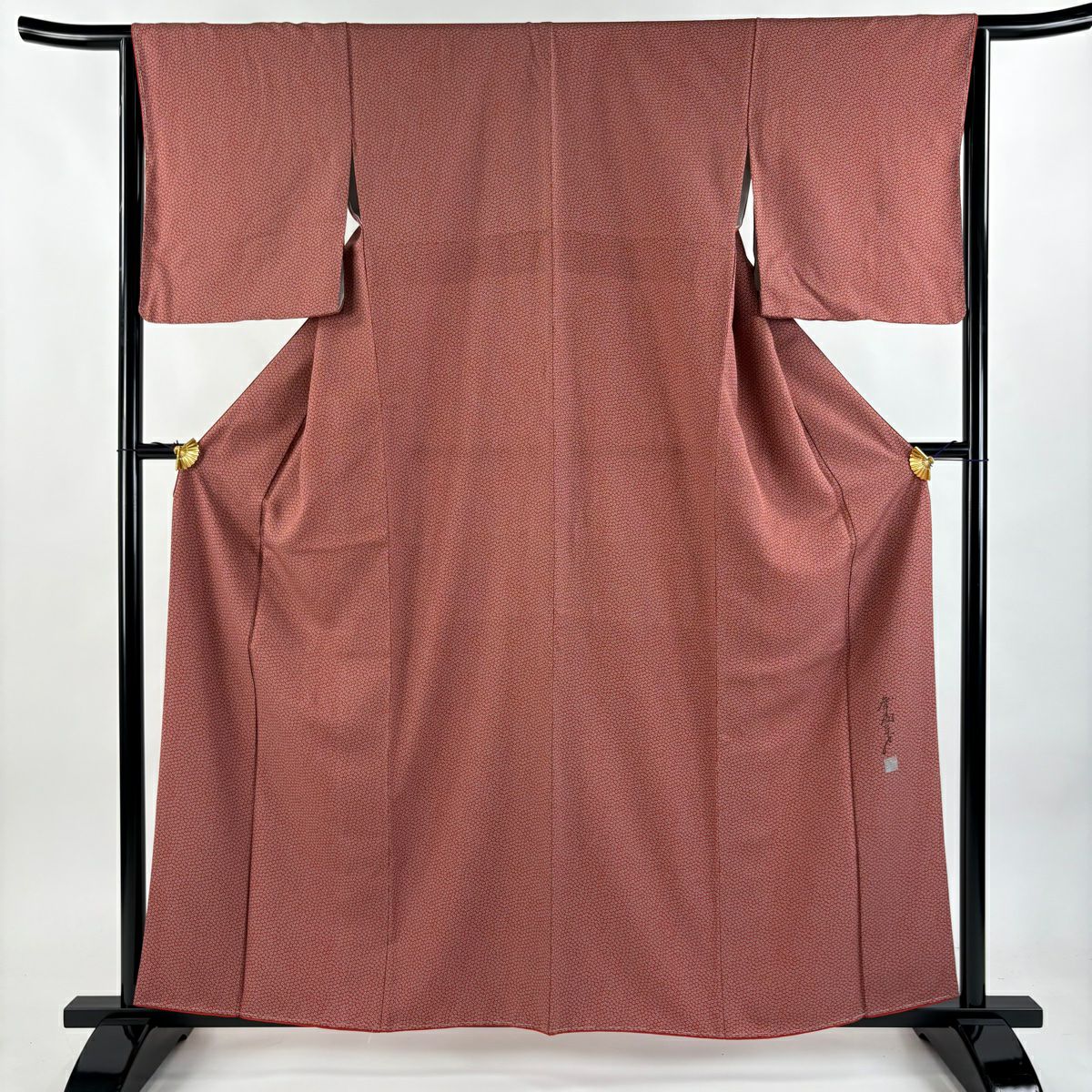 【美品】 小紋 身長160cm 袖長64.5cm M 雙層 斉藤三才 落款あり 小梅花 紅茶 純蠶絲 秀品級