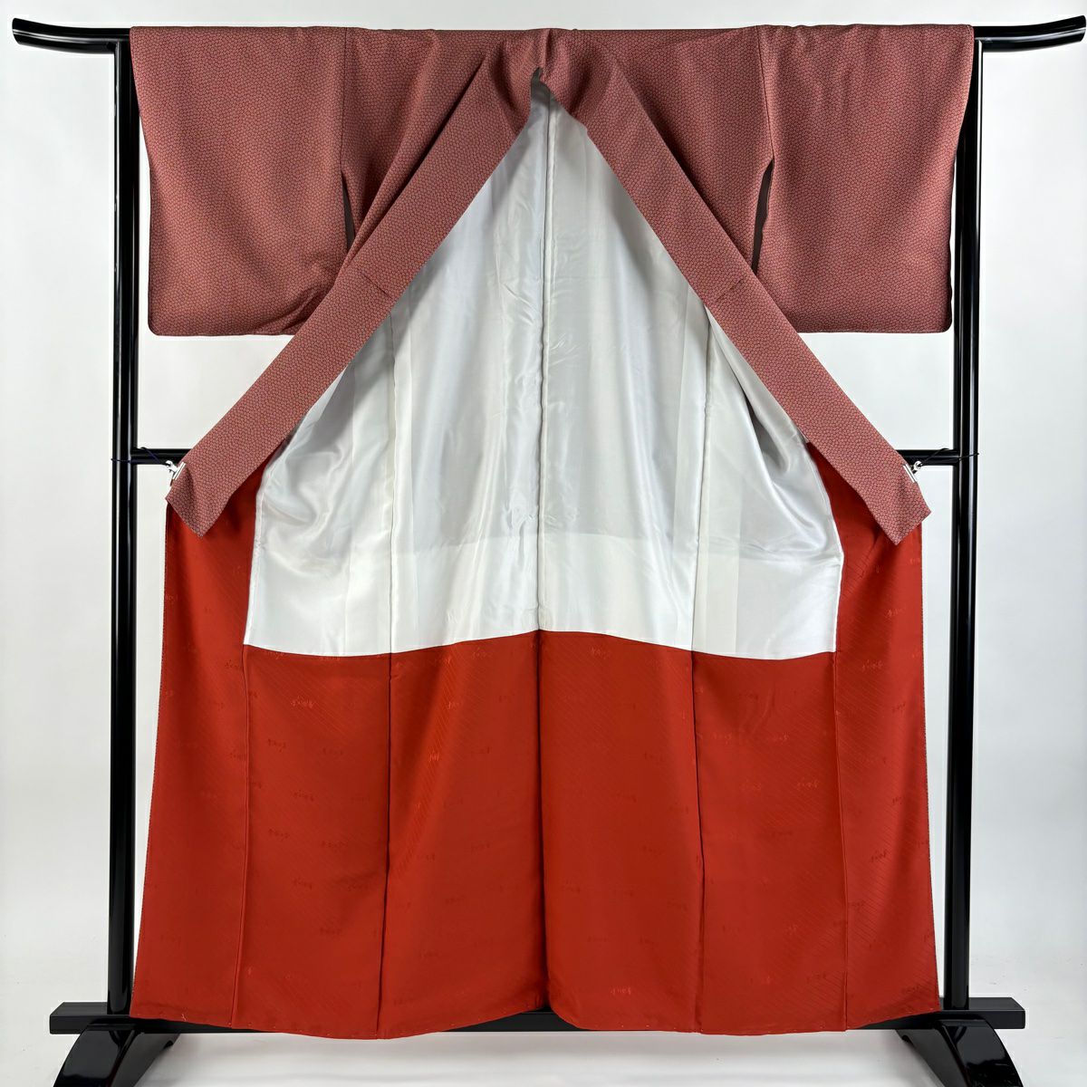 【美品】 小紋 身長160cm 袖長64.5cm M 雙層 斉藤三才 落款あり 小梅花 紅茶 純蠶絲 秀品級