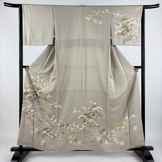 訪問服 身長159cm 袖長63.5cm S 雙層 扇子子 笠松樹 金銀彩 淺茶 純蠶絲 優品級