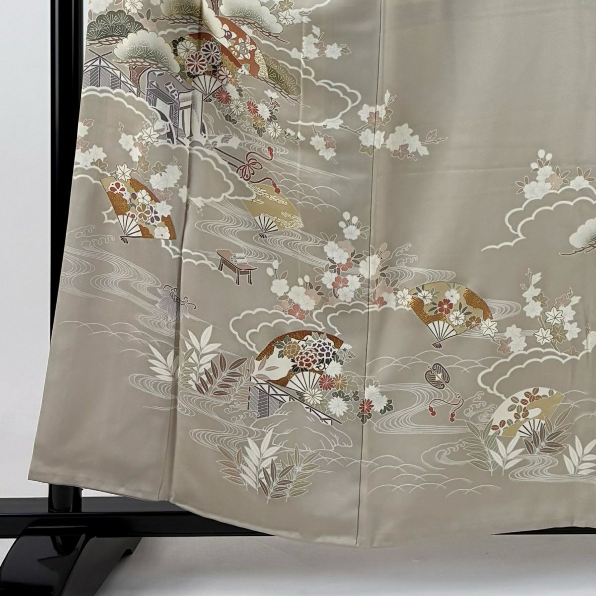 訪問服 身長159cm 袖長63.5cm S 雙層 扇子子 笠松樹 金銀彩 淺茶 純蠶絲 優品級