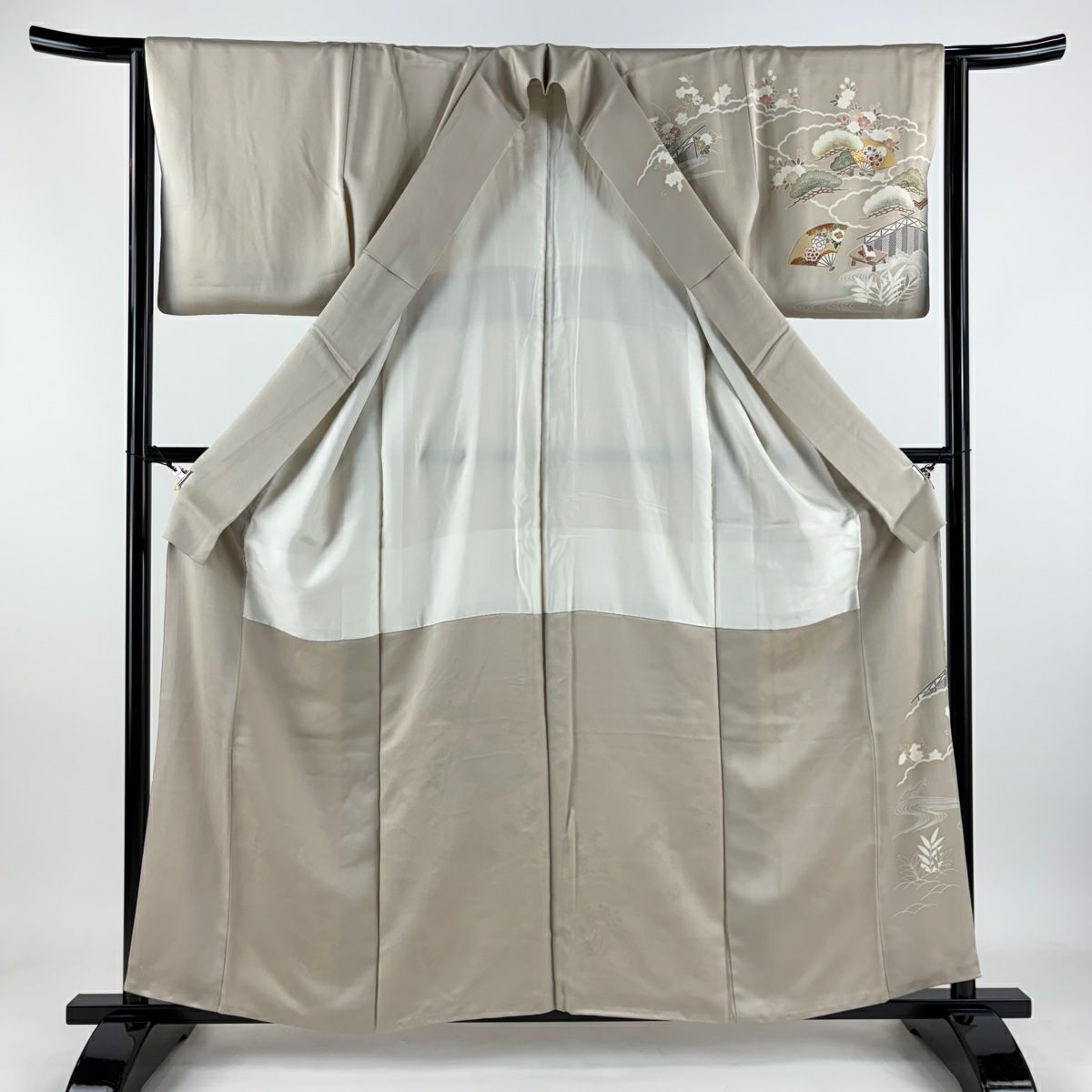 訪問服 身長159cm 袖長63.5cm S 雙層 扇子子 笠松樹 金銀彩 淺茶 純蠶絲 優品級