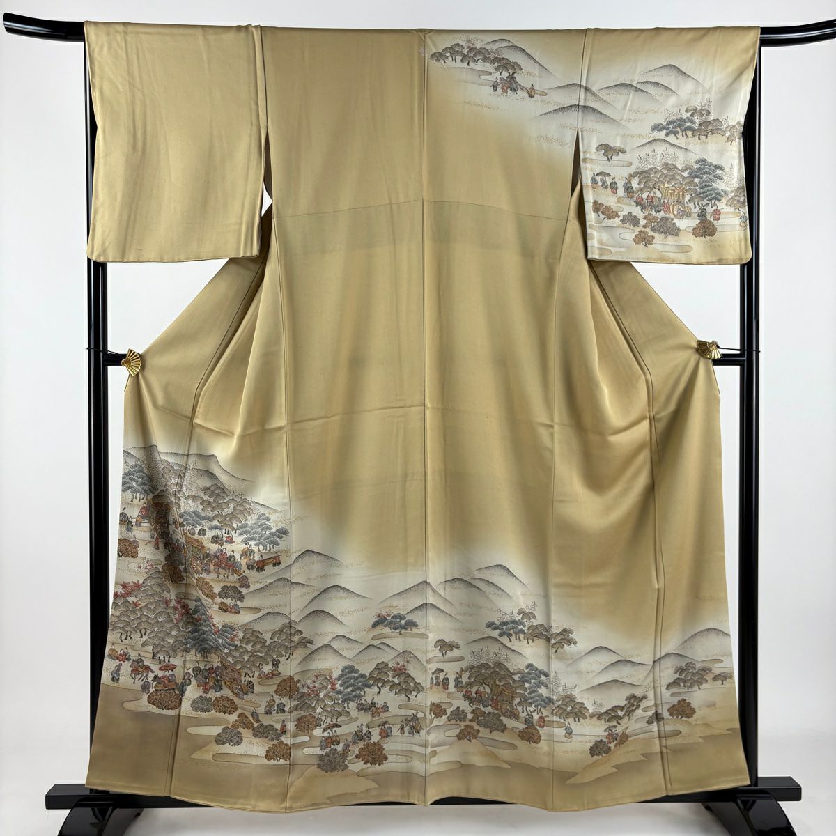 訪問服 身長158cm 袖長66cm M 雙層 人物 松樹梅花 金銀彩 漸層 米色 純蠶絲 秀品級 一つ紋