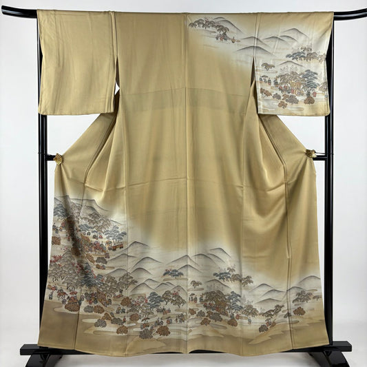 訪問服 身長158cm 袖長66cm M 雙層 人物 松樹梅花 金銀彩 漸層 米色 純蠶絲 秀品級 一つ紋