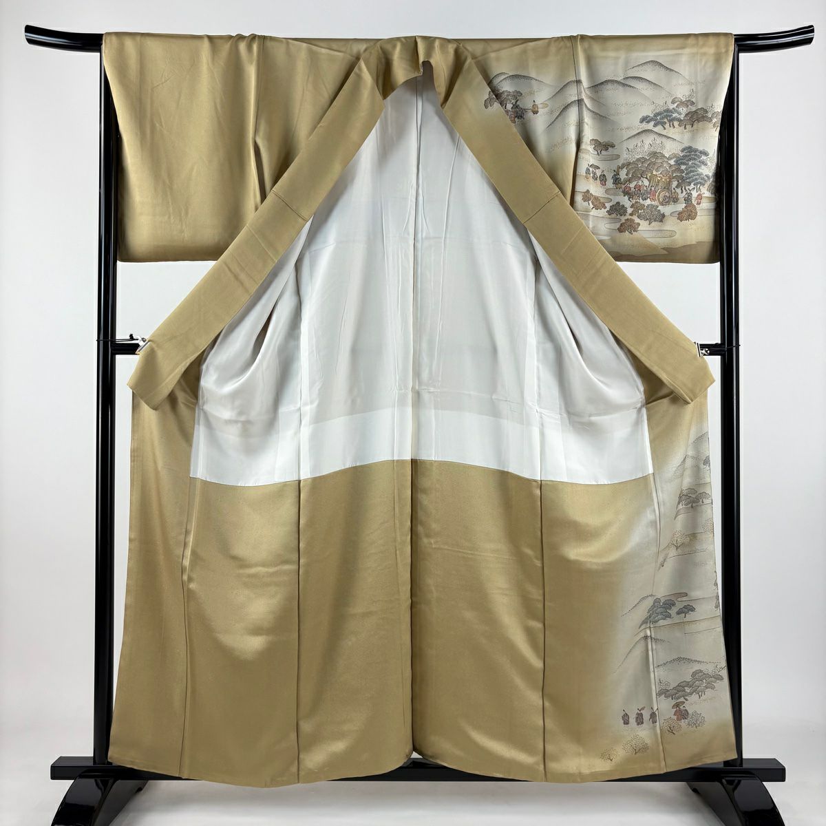 訪問服 身長158cm 袖長66cm M 雙層 人物 松樹梅花 金銀彩 漸層 米色 純蠶絲 秀品級 一つ紋