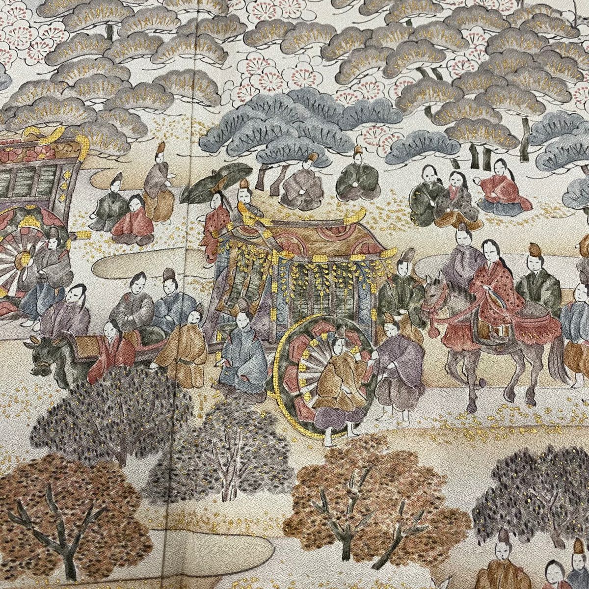 訪問服 身長158cm 袖長66cm M 雙層 人物 松樹梅花 金銀彩 漸層 米色 純蠶絲 秀品級 一つ紋