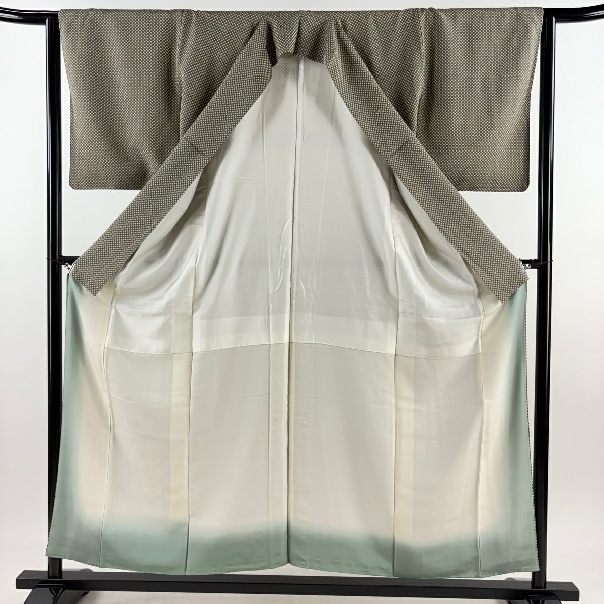 【美品】 小紋 身長155cm 袖長62.5cm S 雙層 小花 灰綠 純蠶絲 秀品級