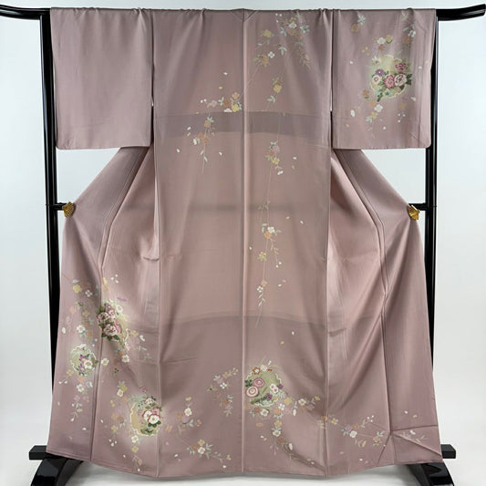 訪問服 身長164.5cm 袖長67cm M 雙層 雪輪 草花紋紋 金彩裝飾 漸層 灰紫 純蠶絲 秀品級