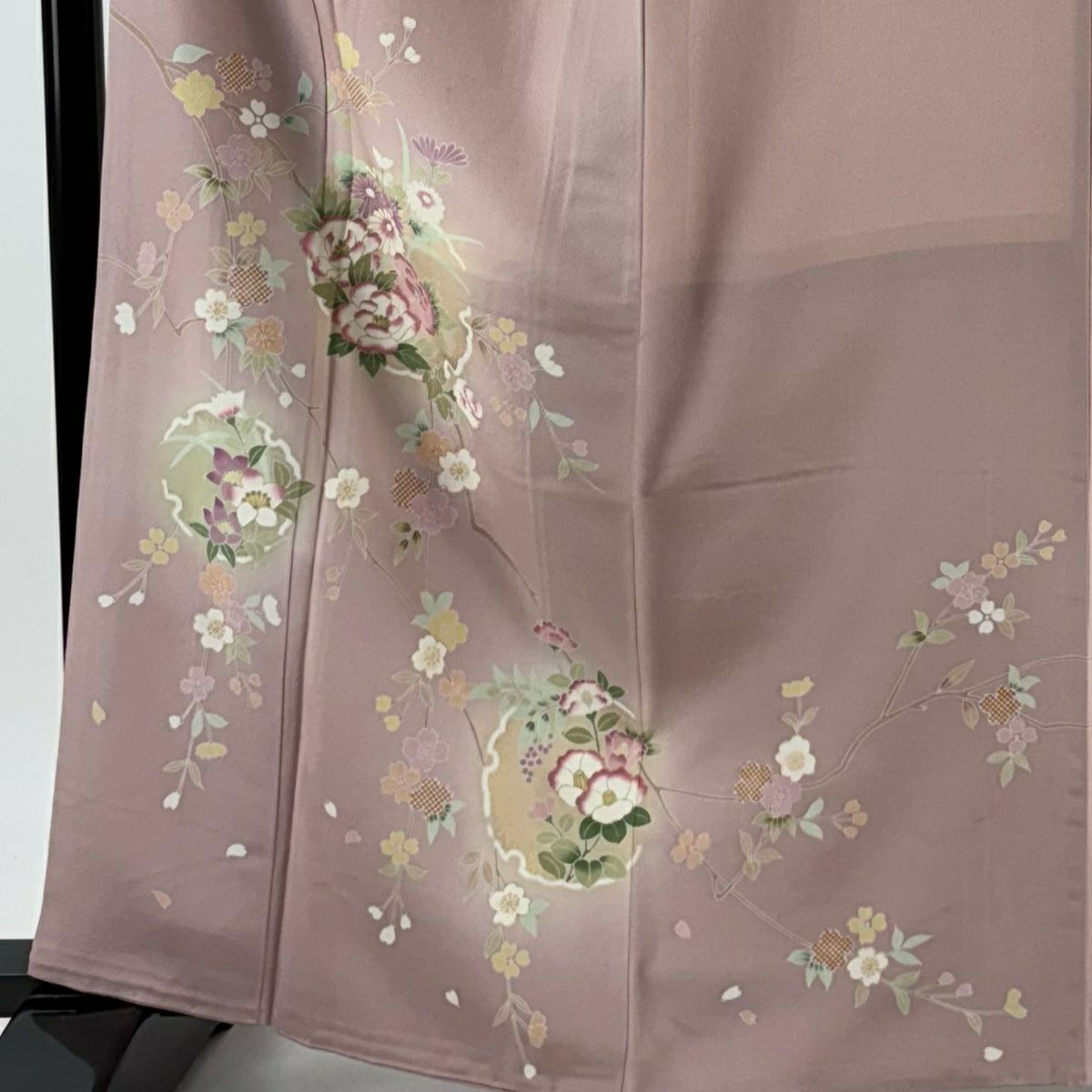 訪問服 身長164.5cm 袖長67cm M 雙層 雪輪 草花紋紋 金彩裝飾 漸層 灰紫 純蠶絲 秀品級