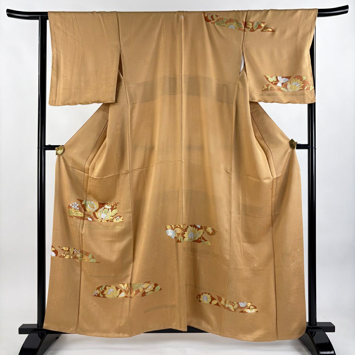 付下 身長159.5cm 袖長66cm M 雙層 落款 草花紋紋 霞 金銀彩 淺茶 純蠶絲 秀品級 一つ紋