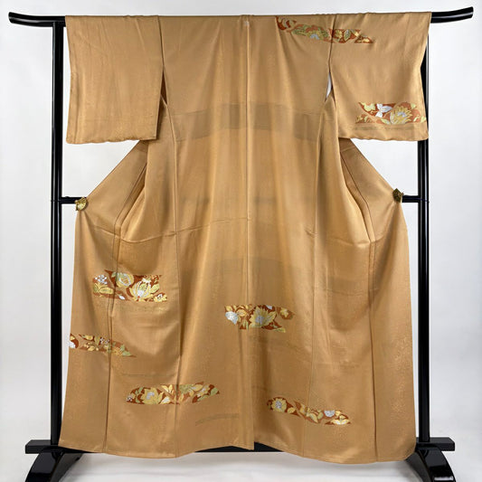 付下 身長159.5cm 袖長66cm M 雙層 落款 草花紋紋 霞 金銀彩 淺茶 純蠶絲 秀品級 一つ紋