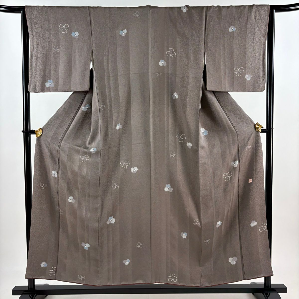 小紋 身長153.5cm 袖長64.5cm M 雙層 落款 花 縱條 茶 純蠶絲 秀品級