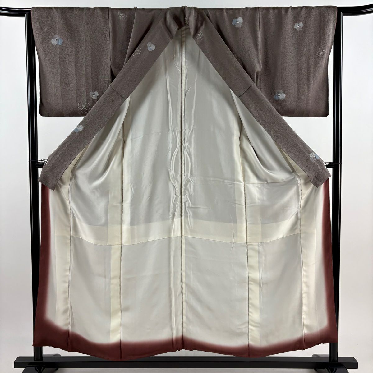 小紋 身長153.5cm 袖長64.5cm M 雙層 落款 花 縱條 茶 純蠶絲 秀品級