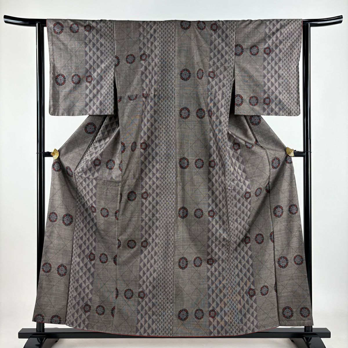 【美品】 紬織 身長159cm 袖長63cm S 雙層 源氏車 斜格紋 灰茶 純蠶絲 秀品級