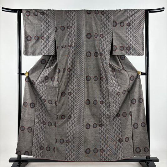 【美品】 紬織 身長159cm 袖長63cm S 雙層 源氏車 斜格紋 灰茶 純蠶絲 秀品級