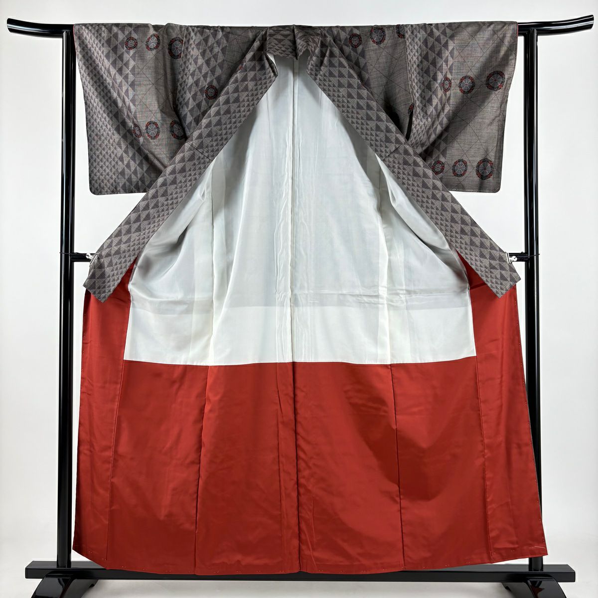 【美品】 紬織 身長159cm 袖長63cm S 雙層 源氏車 斜格紋 灰茶 純蠶絲 秀品級