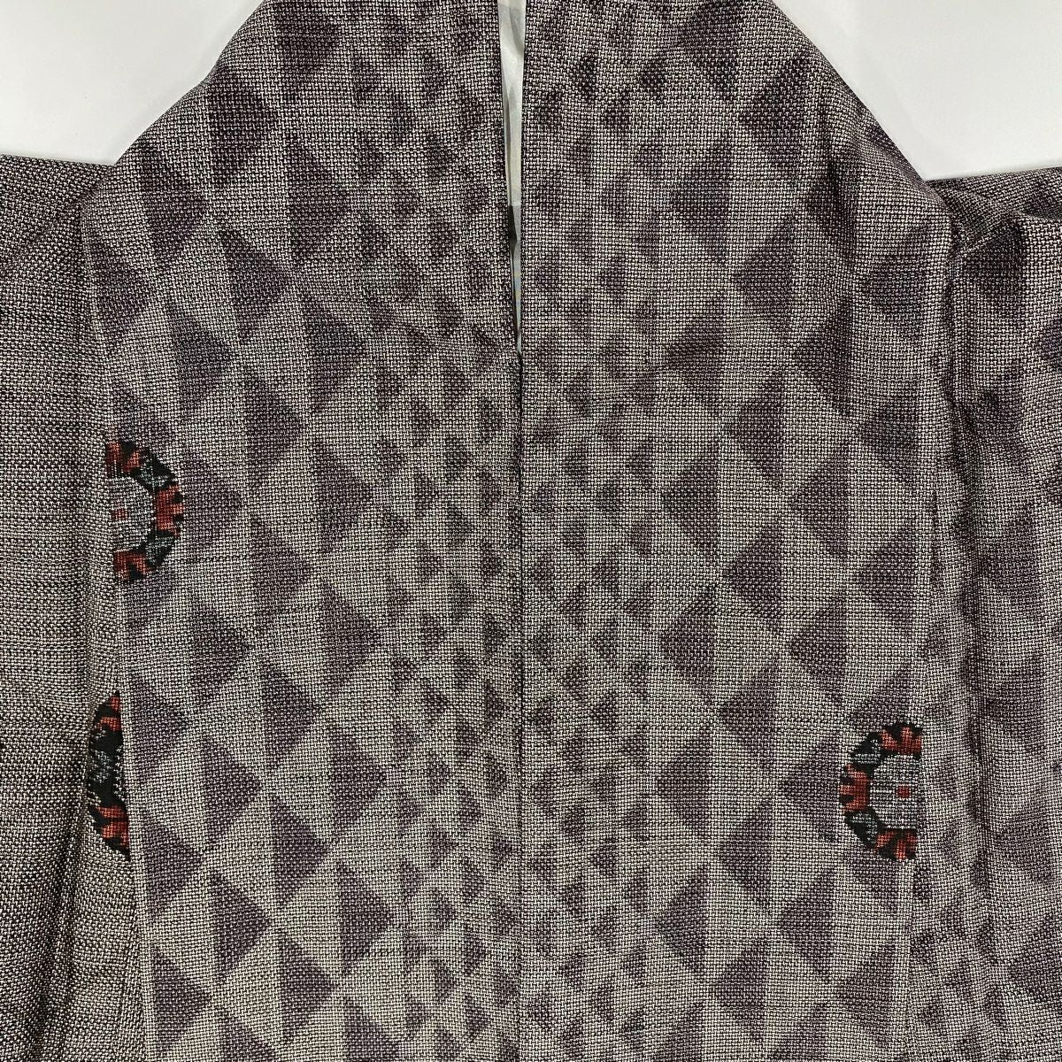 【美品】 紬織 身長159cm 袖長63cm S 雙層 源氏車 斜格紋 灰茶 純蠶絲 秀品級