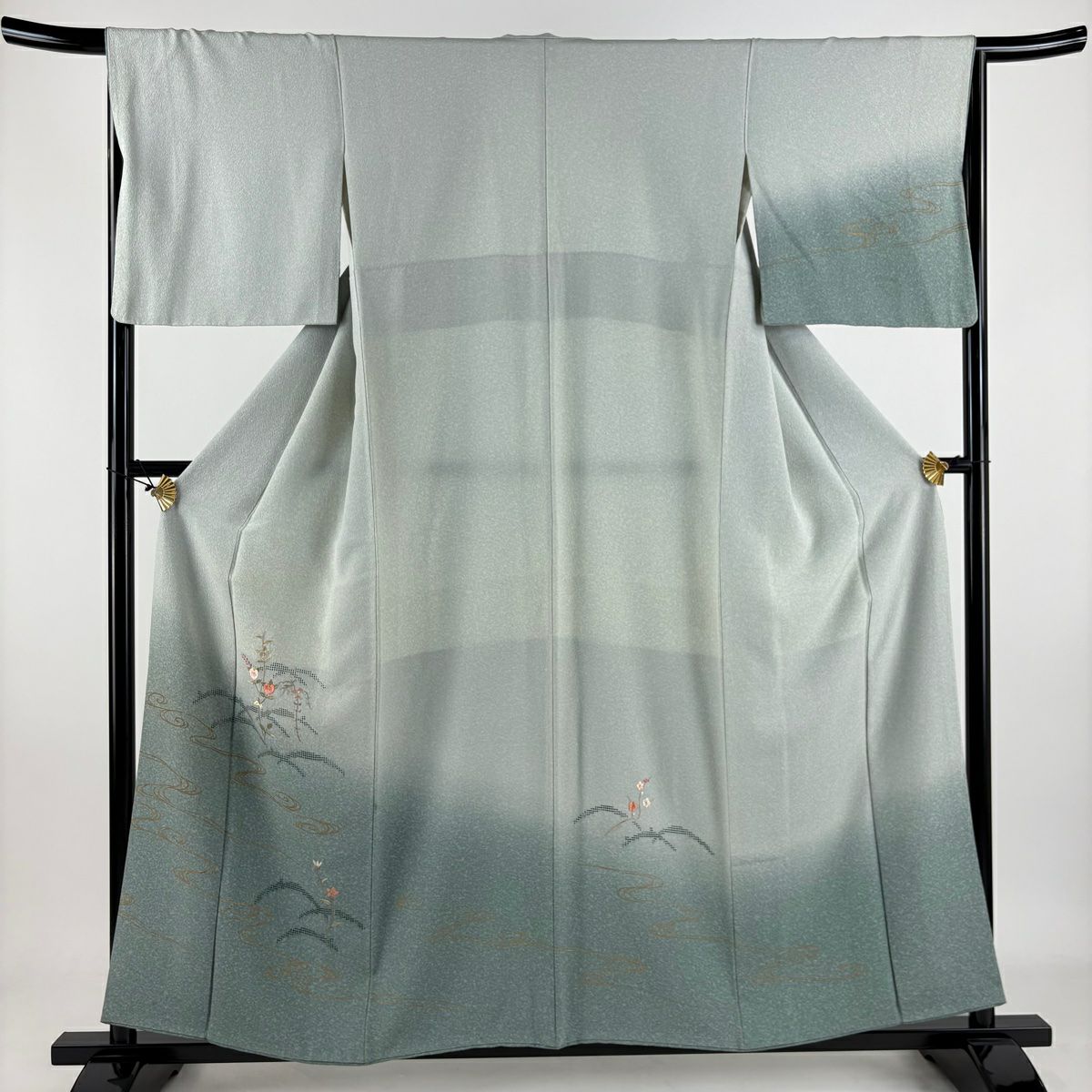 付下 身長157.5cm 袖長64.5cm M 雙層 橘色 流水刺繡 金彩裝飾 灰綠 純蠶絲 秀品級