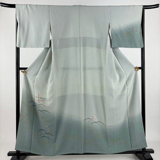 付下 身長157.5cm 袖長64.5cm M 雙層 橘色 流水刺繡 金彩裝飾 灰綠 純蠶絲 秀品級