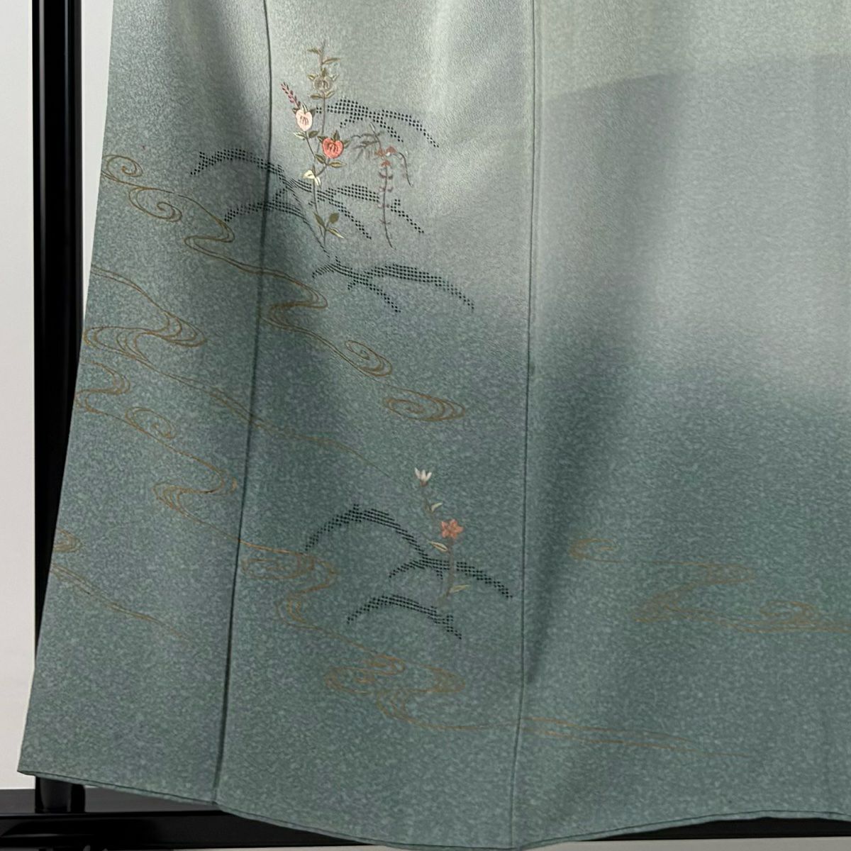 付下 身長157.5cm 袖長64.5cm M 雙層 橘色 流水刺繡 金彩裝飾 灰綠 純蠶絲 秀品級