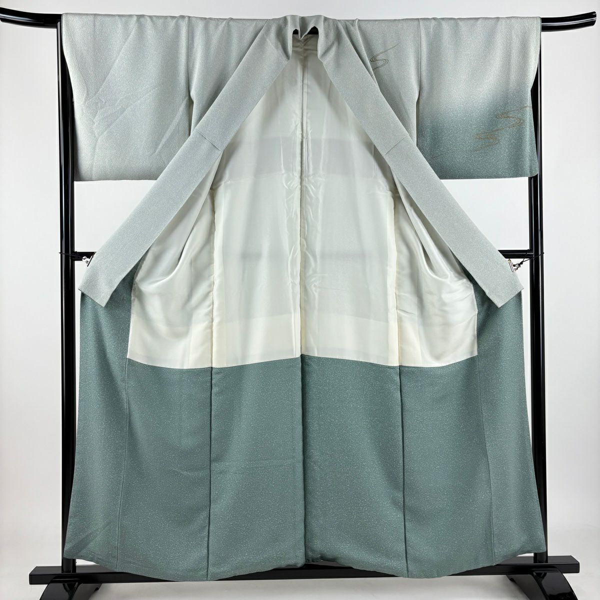 付下 身長157.5cm 袖長64.5cm M 雙層 橘色 流水刺繡 金彩裝飾 灰綠 純蠶絲 秀品級