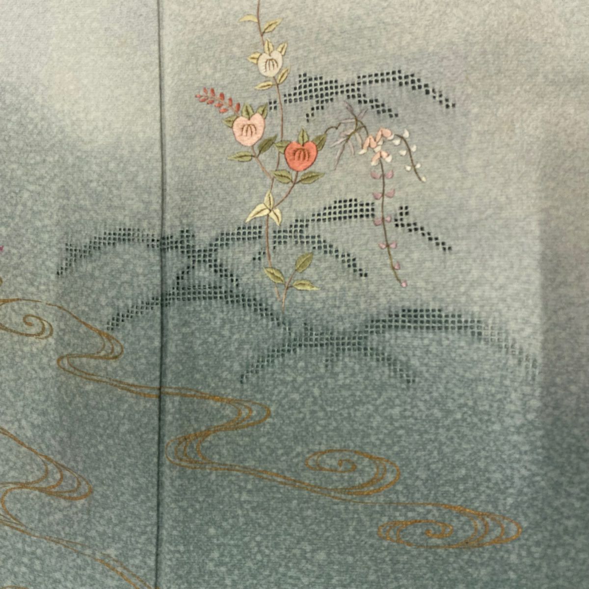 付下 身長157.5cm 袖長64.5cm M 雙層 橘色 流水刺繡 金彩裝飾 灰綠 純蠶絲 秀品級